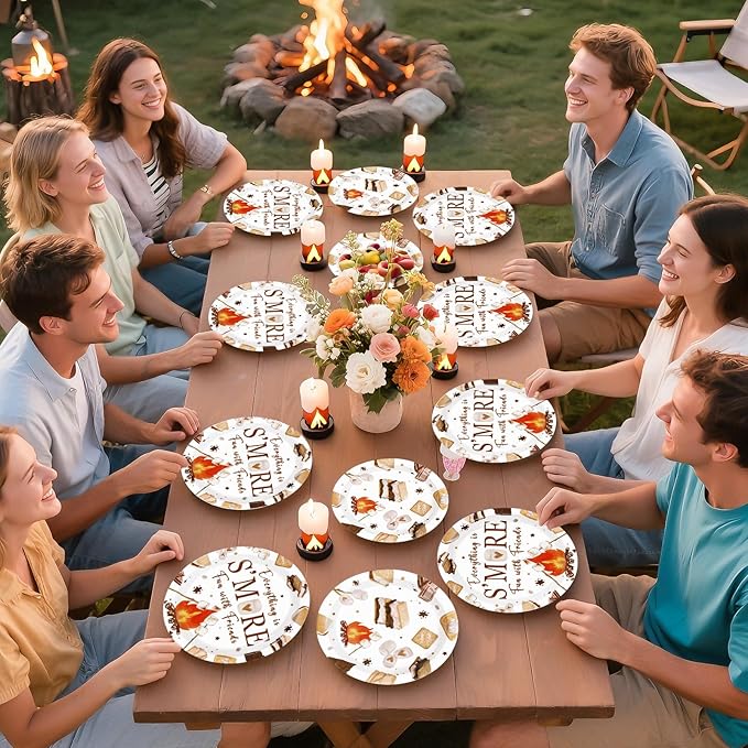 96 Pcs Smore Camping Party Decorations Everything is S'More Fun with Friends Plates and Napkins Camping Themed Tableware Set for Campers Birthday Baby Shower Campfire Bonfire Party Supplies Serves 24