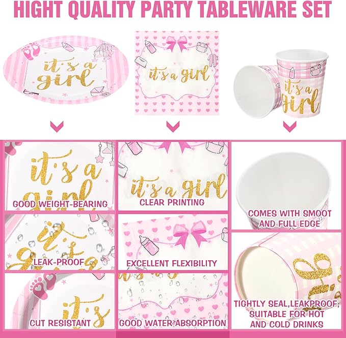 Hushee 200 Pcs It's a Girl Baby Shower Paper Plates Napkins Cups Baby Shower Party Supplies Tableware Set Disposable Cup Napkin for 50 Guest Party Decoration