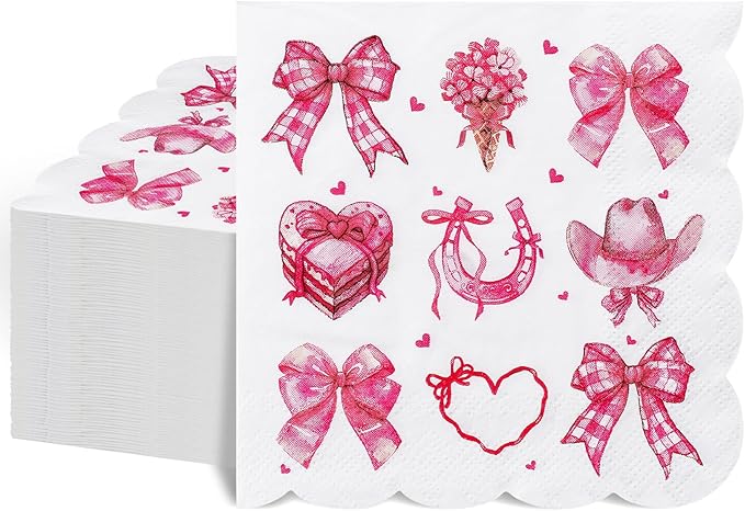 100 Pcs Bow Napkins, Scalloped Pink Bow Western Cowgirl Party Decorations Disposable Dessert Beverage Napkins for Bachelorette, Girls Birthday, Bridal Baby Shower