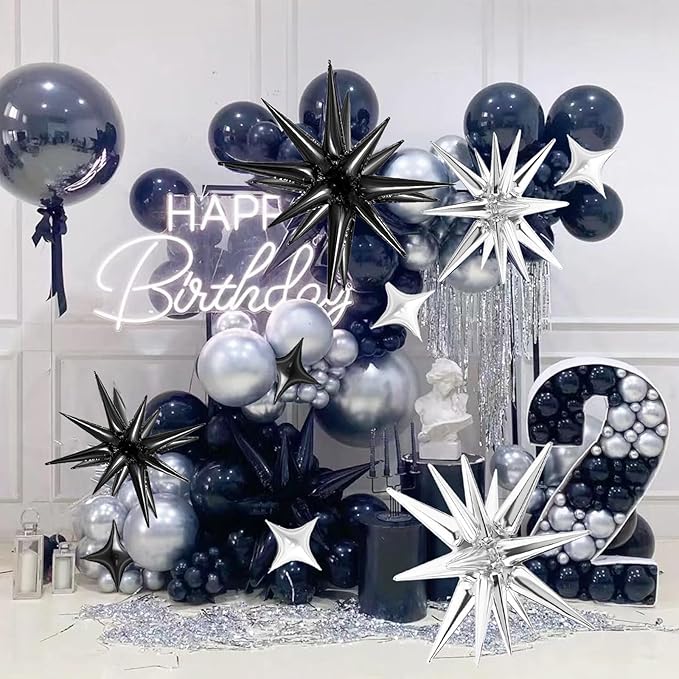 20 Pcs Star Balloons 27”22”Explosion Foil Balloons- Spike Balloon and Four Pointed Star Balloon for Party Supplies Christmas Birthday Wedding Photo Booth (Silver Black)