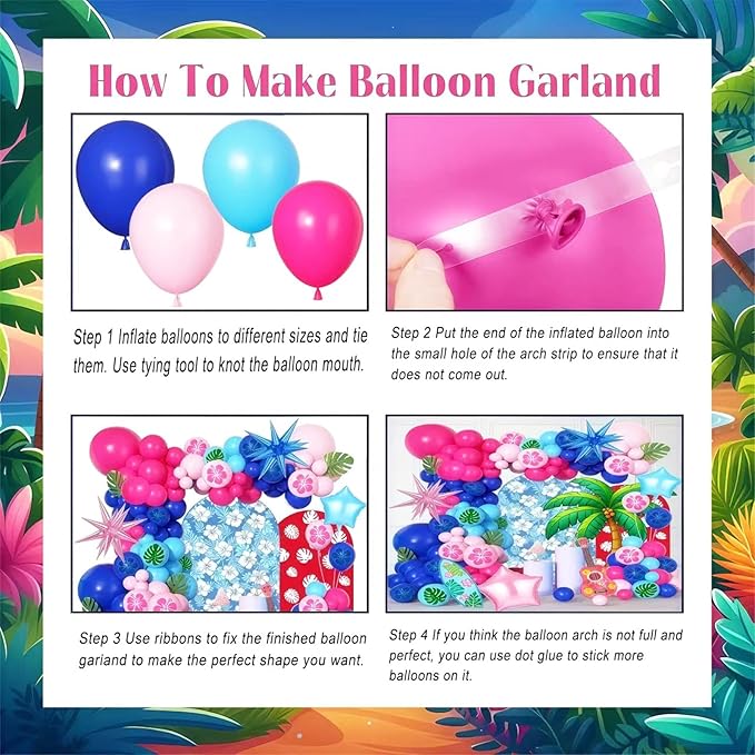 141 PCS Blue Pink Light Blue Balloon Garland Arch Kit, Hawaiian Cute Print Balloons for Cartoon Themed Birthday Party Decorations Boys Girls Gatherings Party Supplies