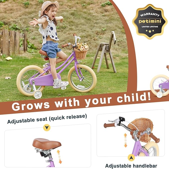 Petimini Vintage Kids Bike for Girls, 12–20 Inch Classic Bicycle with Wicker Basket & Bell, High Tensile Steel Frame, Training Wheels (12–18”), 85% Pre-Assembled, Retro Bike for Outdoor Riding