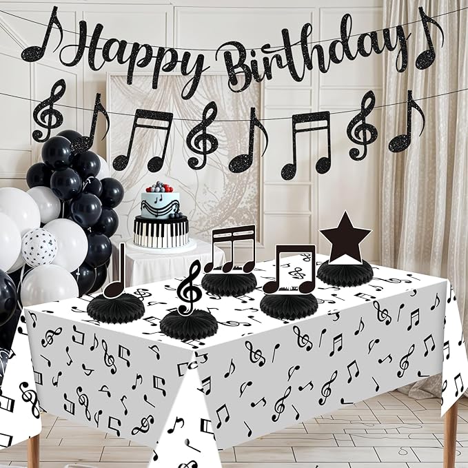 Music Party Decorations Black Musical Note Happy Birthday Bunting Banner Notes Tablecloth and 5Pcs Table Honeycomb Centerpieces Decor for Girls Kids Adults Music Themed Birthday Wedding Party Supplies