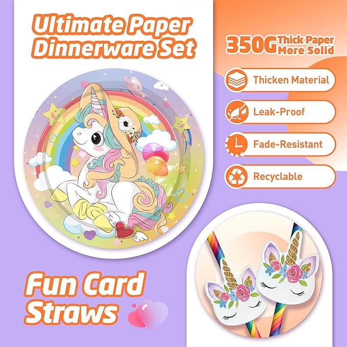 146Pcs Unicorn Plates and Napkins Party Supplies Includes Plates, Napkin, Fork, Cup, Straw, Tablecloth, Banner for Unicorn Baby Shower Birthday Party Decorations, Serves 24