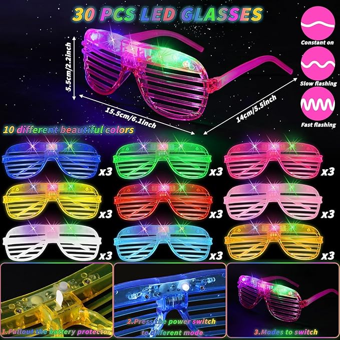 Glow Sticks Bulk Party Pack, 60 Pcs: Light Up Glasses, Foam Glow Sticks, Neon Accessories, Glow in the Dark Party Supplies Set for Disco, Wedding, Birthday, Concert, Halloween, Raves