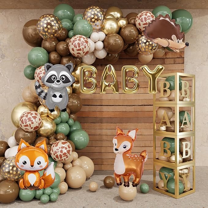 Amandir 137pcs Woodland Animals Baby Shower Decoration Boxes Sage Green Brown Balloon Garland Arch Kit Woodland Themed Animal Foil Balloons for Neutral Forest Jungle Safari Party Supplies