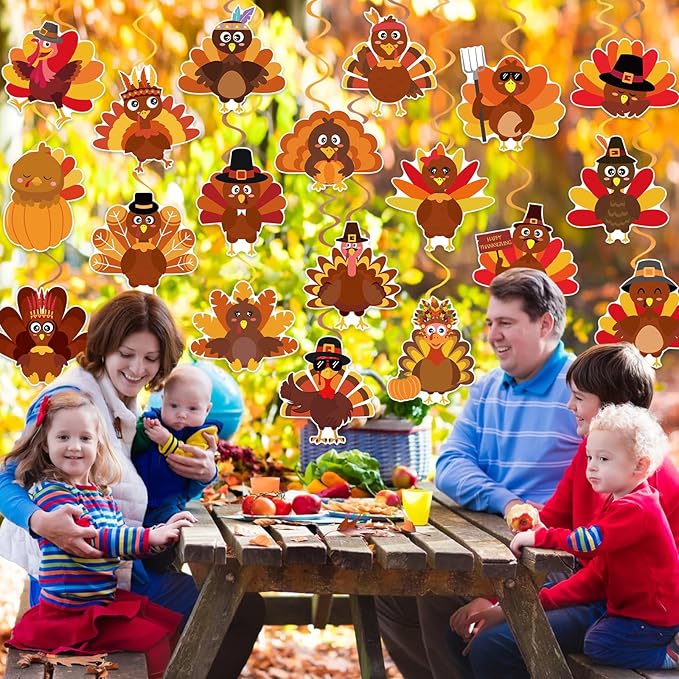 40Pcs Thanksgiving Turkey Hanging Swirl Decorations, Cute Turkey Ceiling Hanging Swirls Streamers for Thanksgiving Party Decor