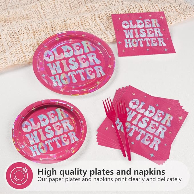 96Pcs Older Wiser Hotter Party Supplies Hot Pink Theme Plates and Napkins Happy Birthday Tableware Set for Women Rose Red Birthday Retirement Party Decorations Serves 24