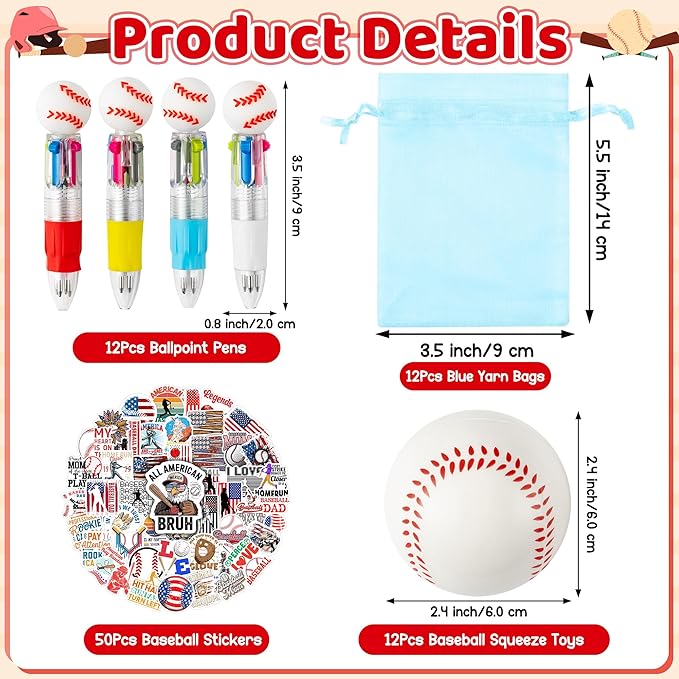 CY2SIDE 12 Pack Baseball Squeeze Toy Party Favor Gift Set with Ballpoint Pen Sticker and Organza Bag 2.5’’ Baseball Foam Stress Ball Classroom Prize for Kid Sport Lover Birthday Goodies Bag Stuffer