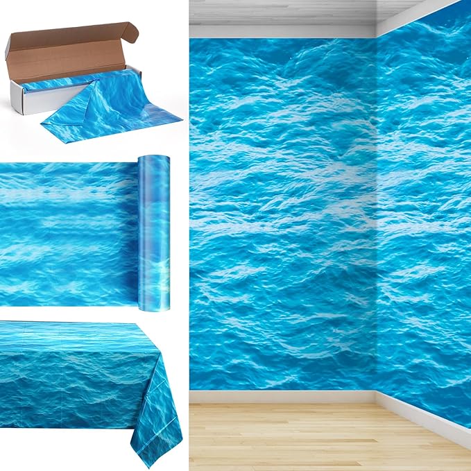 Irenare 1 Roll Ocean Waves Plastic Tablecloth 54 Inch X 100ft Ocean Table Cover Water Print Table Cover Sea Tablecloth Blue for Beach Pool Birthday Party Decoration Shower Supplies