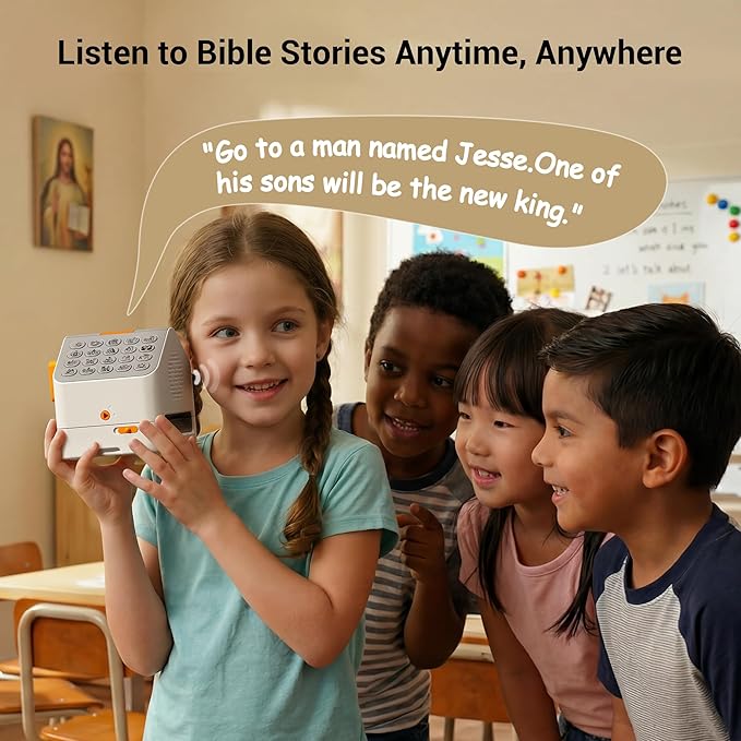 FaithTag Bible Story Portable Audio Player for Kids, Jesus Story Box with Over 40 Bible Stories, FV31 Bible Study Mini Sticker Printer for Easter, Christian, Home & School (Cardless Version)