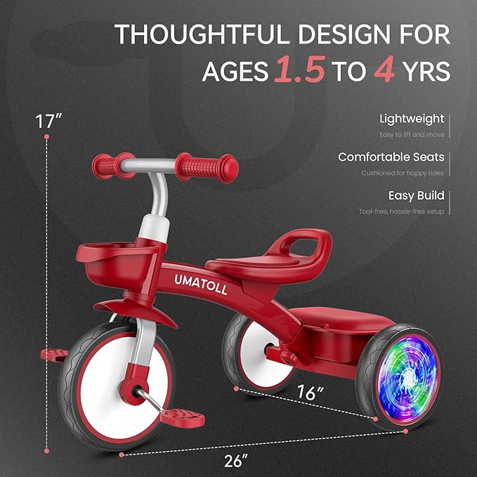 Umatoll Toddler Tricycle for 18 Month to 4 Year Old Boys Girls,Toddler Bike Toys with Adjustable Seat&Light-Up Wheels,Birthday Gift for Age 2-3 (Red)