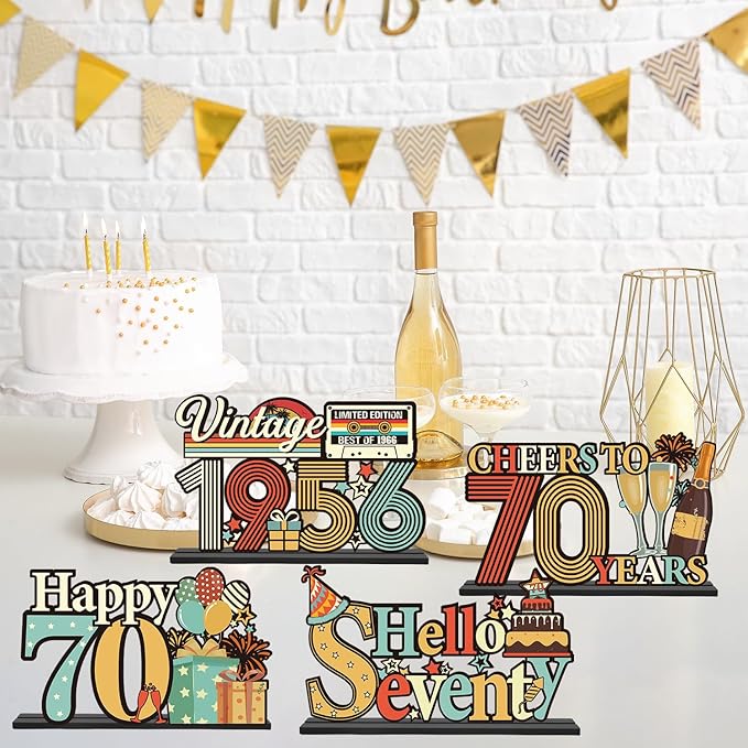 70th Birthday Decorations for Men Women - Colorful Hello Fifty Birthday Wooden Centerpieces Table Decor, Vintage 1956 Table Topper Sign, Cheers to 70 Years Old Bday Party Decor Supplies