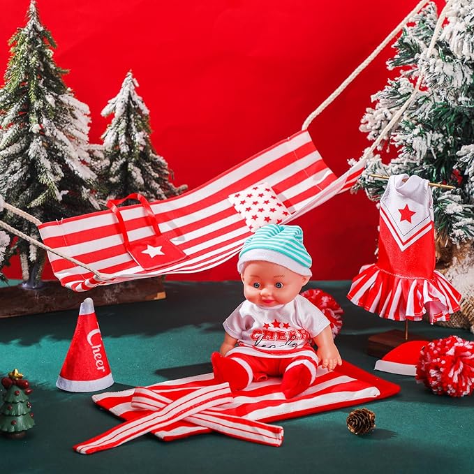 Kacctyen 11 Pcs Christmas Accessories Include Cheerleader Doll Sleeping Bag Hammock Apron Chef Hat Dress Scarf Top Shorts Horn Pompoms Bag Snowmen Clothes (Cheerleader Style)