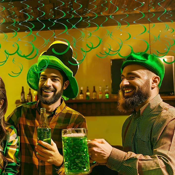 Green Ceiling Swirl Foil Decorations Hanging Plastic Streamer Themed Swirl Party for St. Patrick’s Day Spring Summer Celebration Party Supplies, Pack of 28