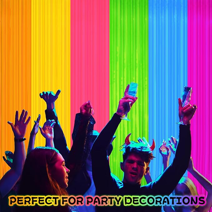 Glow in The Dark Curtains Party Supplies 6.6 x 3.3 Ft Glow Tinsel Foil Fringe Curtains Colorful Patchwork Streamer Backdrop for Birthday Holiday Neon Party Decorations