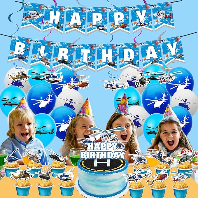 Helicopter Birthday Party Supplies Helicopter Party Decorations Airplane Themed Party Supplies Includes Balloons Birthday Banner, Spirals, Cake Cupcake Toppers for Helicopter Aviator Aviation Party