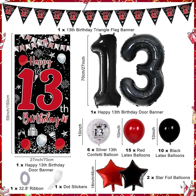 13th Birthday Decorations for Boys Girls, Red Black Happy 13th Birthday Door Banner Sign, Boy 13 Year Old Bday Party Decor Triangle Flag, Large 13 Balloons, Official 13 Teenager Decorations
