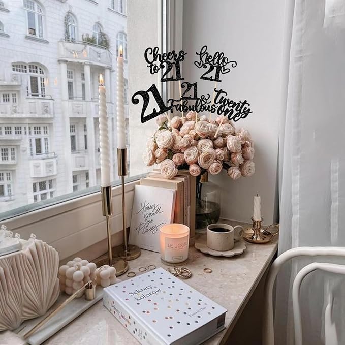 15PCS Happy 21st Birthday Centerpiece Sticks Hello 21 Cheers to 21 Birthday Table Flower Centerpieces Sticks Twenty One 21 Floral Decorations for Happy 21st Birthday Party Centerpieces Supplies Black