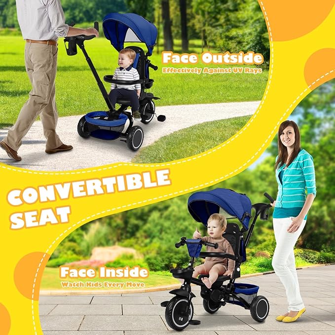 Folding Kids Tricycle, 8 in 1 Toddler Trike W/Removable & Adjustable Canopy, Parent Handle, 5-Piont Harness, Toddler Bike Tricycle for Kids 1-6 Years, EVA Wheels, Storage Basket, Blue