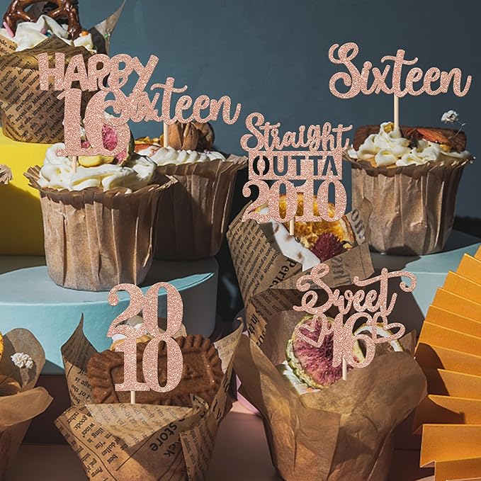 30PCS 16th Birthday Cupcake Toppers Glitter Sixteen Happy 16th Straight Outta 2010 Cupcake Picks for Cheers to 16 Years 16 th Birthday Wedding Anniversary Party Cake Decorations Supplies Rose Gold