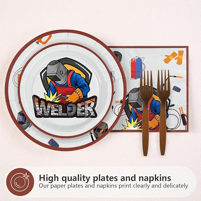 96 Pcs Electric Welding Birthday Party Decorations Welder Happy Birthday Plates and Napkins Disposable Electrician Theme Tableware for Welding Workers Repairman Party Supplies Serves 24