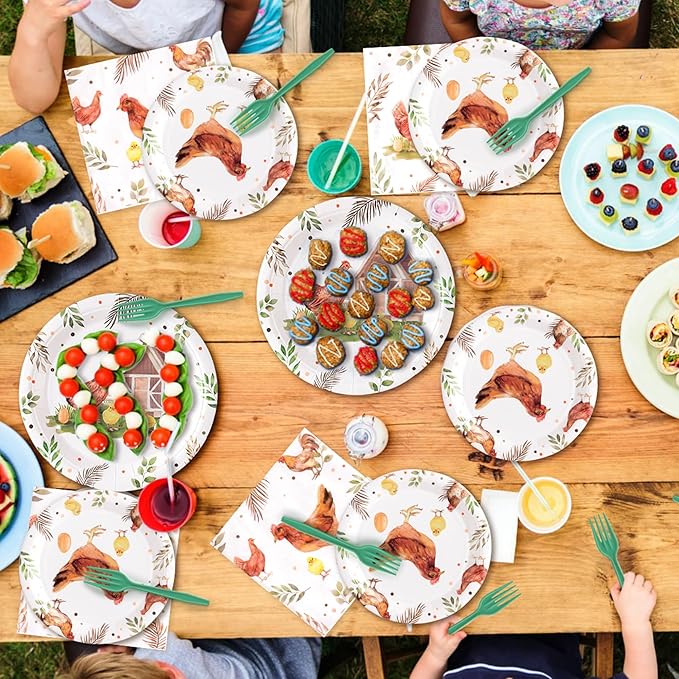 96Pcs Chicken Barnyard Farm Animal Watercolor Hen Chick Party Plates Supplies Tableware Decoration Disposable Paper Plate Napkin Fork for Kids Birthday Baby Shower, Serves 24