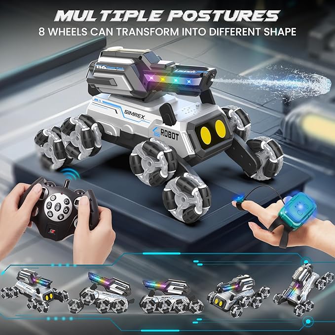 SIMREX Robot Dog RC Stunt Car Toys - Gesture Sensing Remote Control car with Mecanum Wheels, LED Eyes, 3 Sound Effects,Water-Shooting Turret & RGB Lights,Birthday Gift for Kids Boys Girls