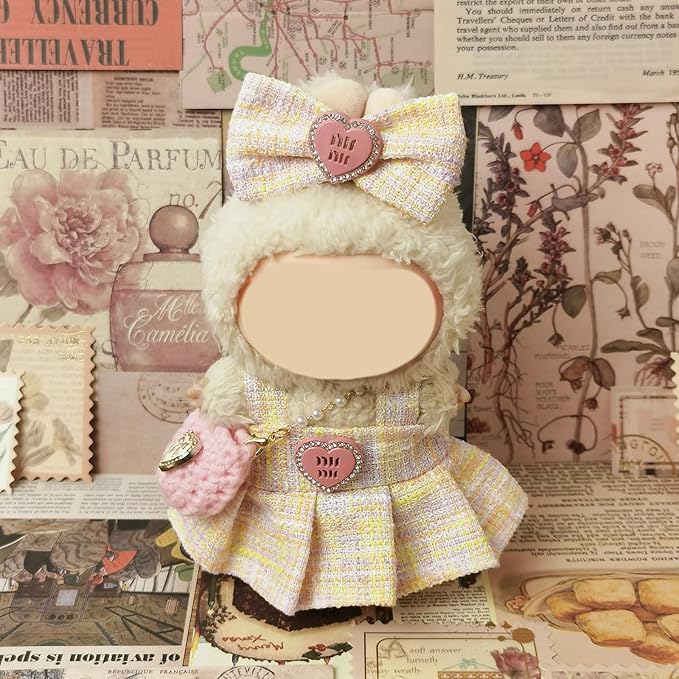 Clothes Compatible with Labubu Doll - 4PCS Classic Set, 17cm Doll Clothes Designer Outfit for Chic Daily Style, Cute Stylish Accessories, No Doll (Blush Tweed Chic)