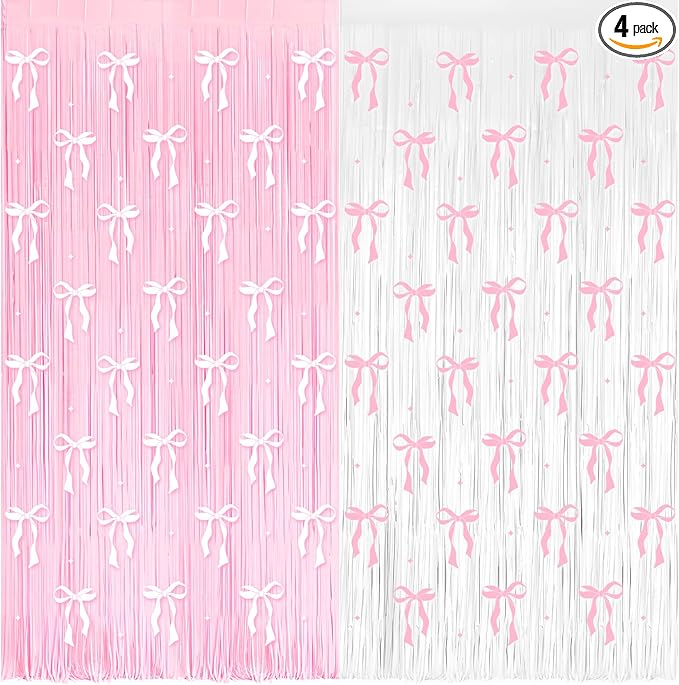 4 Pack Pink Bow Party Backdrop Decoration Pink Bow Foil Fringe Curtains for Girls Bow Birthday Baby Shower Decorations Bridal Shower Bachelorette Party Decor Supplies 3.2ft X 8.2ft