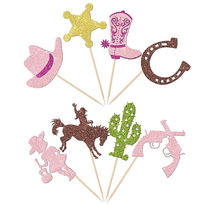32 PCS Cowgirl Cupcake Toppers Glitter HorseShoe Cactus Star Gun Cupcake Picks Cowgirl Hats Boots Cupcake Decorations for Western Theme Baby Shower Girls Birthday Party Cake Decorations Supplies