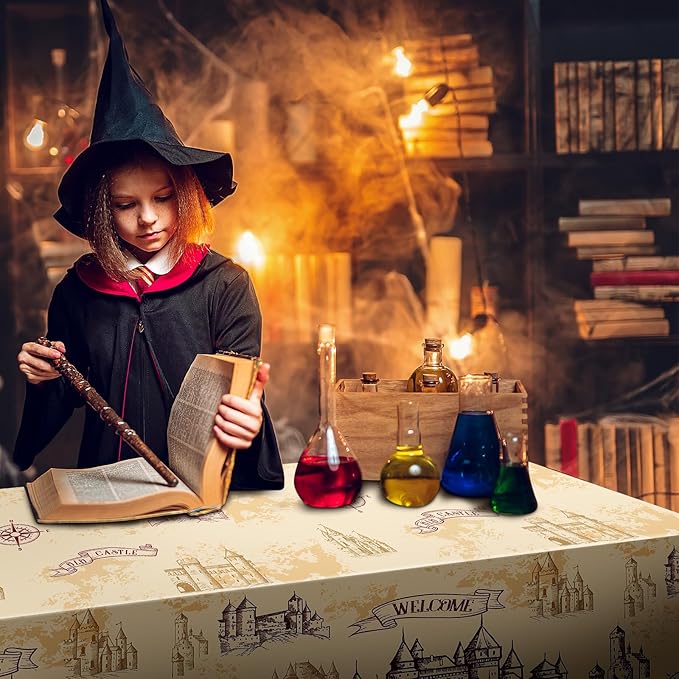 6 Pcs Wizard Tablecloth Decorations Wizard Party Plastic Table Cloth Disposable Vintage Castle Decor for Decoration Halloween Witch Party Supplies