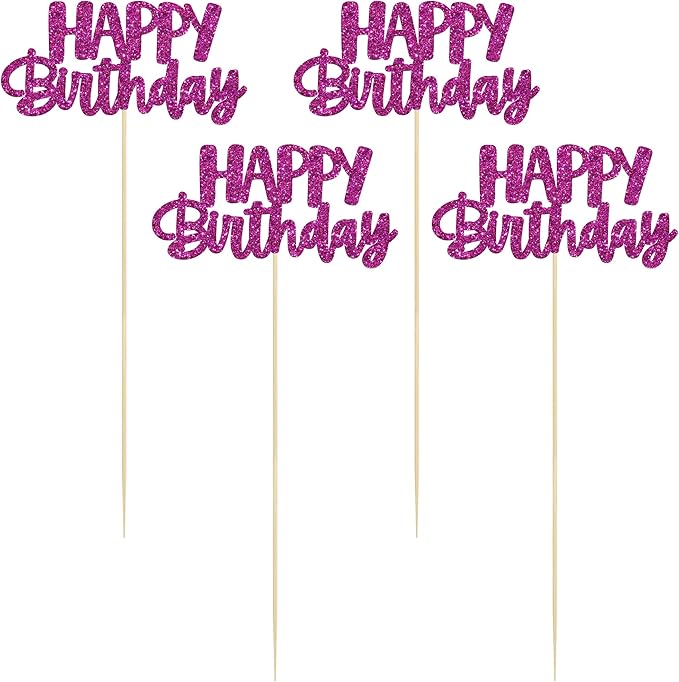 Gyufise 12Pcs Happy Birthday Centerpieces Sticks Double Sided Glitter Birthday Party Decorations Anniversary Table Flower Centerpiece for Celebrating Party Supplies Purple