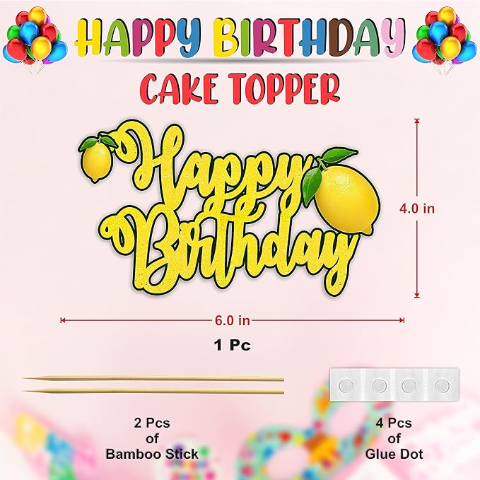 Lemon Happy Birthday Cake Topper – Fresh Fruit Theme Cake Decoration for Birthday Celebration, Lemon Inspired Dessert Topper for Party Cakes, Table Display Styling, Photo Setup.