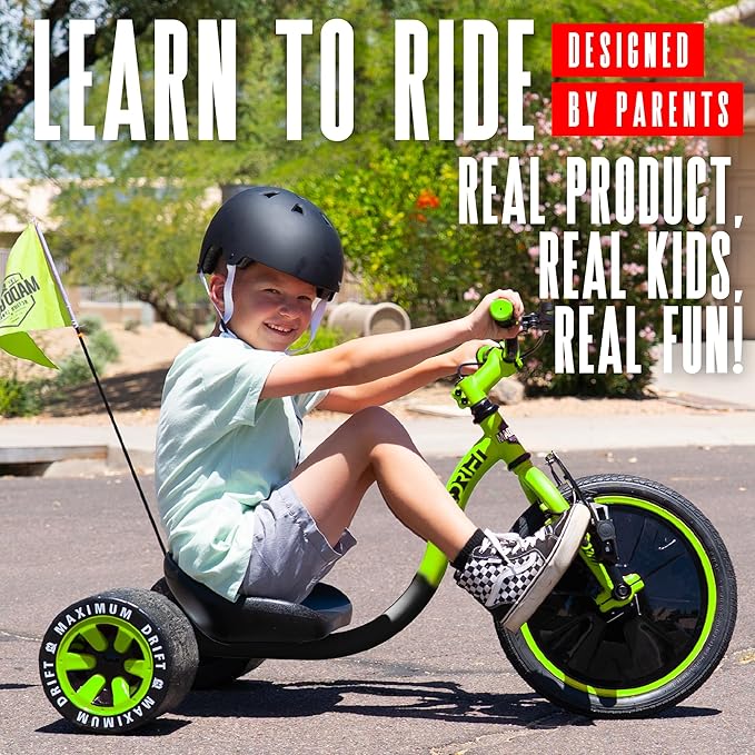 Drift Trike for Kids Ages 5+ – 16" Front Wheel Ride-On with Adjustable Seat, Steel Frame, Rear Slick Drift Wheels & Safety Flag – Madd Gear