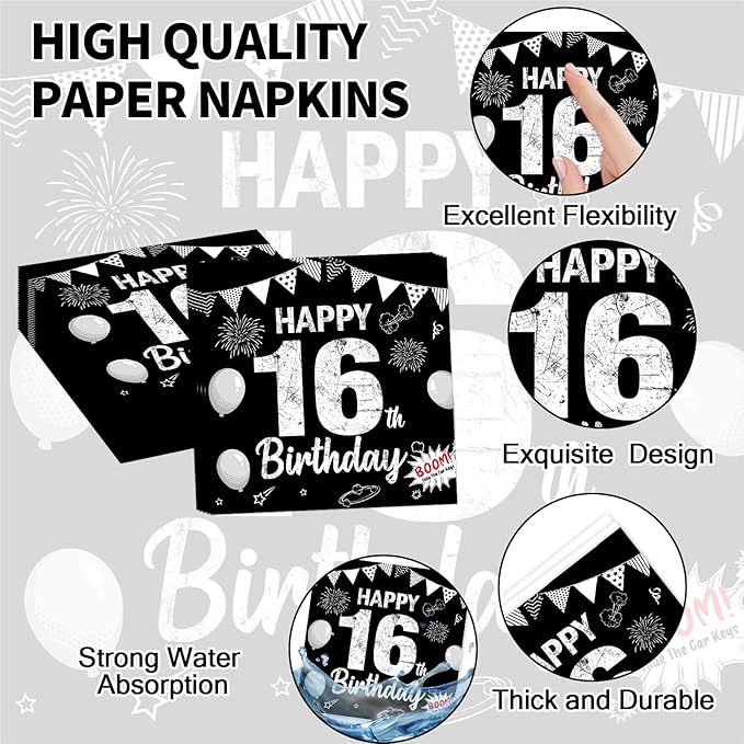 96PCS 16th Birthday Plates and Napkins Black Silver 16th Birthday Supplies for Boys and Girls Disposable Dessert Paper Plates Happy 16 Year Old Party Kids Birthday Gatherings Decorations