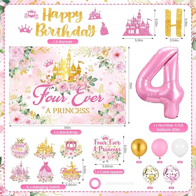 Four Ever a Princess Birthday Decorations Pink Sweet 4th Birthday Party Supplies Include 4 Ever a Princess Backdrop Banner Hanging Swirls Balloons Cake Topper for 4 Years Old Girl Bday Party Decor