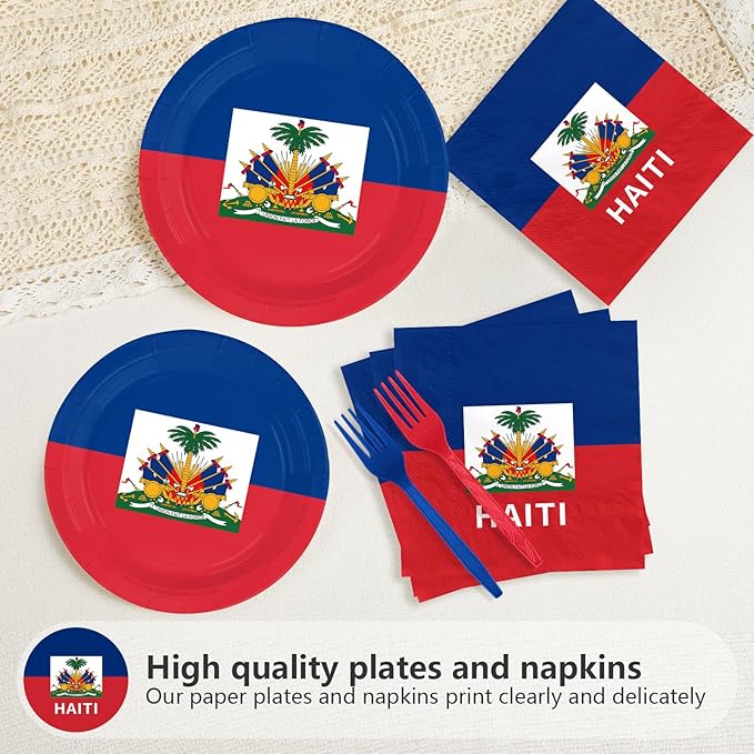 96Pcs Haitian Flag Party Decor Haiti Country Flag Plates and Napkins Haiti Theme Disposable Paper Tableware Set for Patriotic Festival School Sports Events Birthday Party Supplies Serves 24