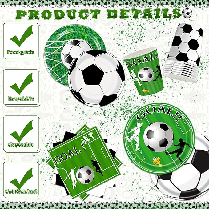 Soccer Party Plates Tableware Set Serves 24 Soccer Party Supplies Includes Banner Plates Cups Napkins Tablecloth for Soccer Sports Theme Birthday Supplies