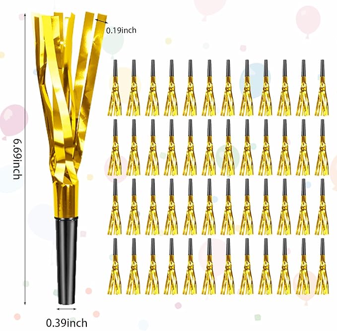 Gold New Years Noise Makers 48 PCS Glitter NYE Party Blowers Blowouts New Years Eve Games Favors Supplies Birthday Pep Rally for Adult Prank Graduation Sporting Events Horns Noisemakers Accessories