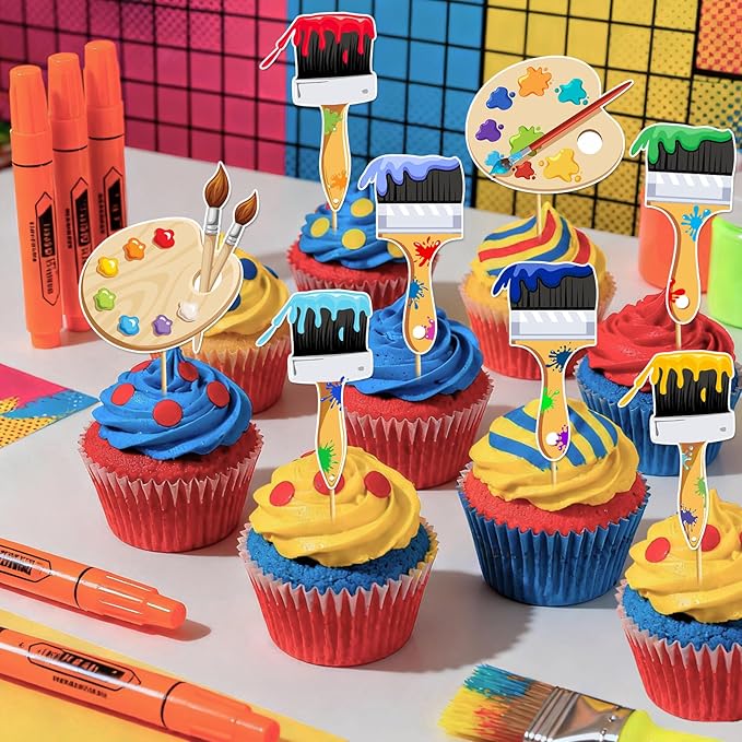 24pcs Art Paint Cupcake Toppers: Paint Brush Cupcake Toppers Art Theme Cake Decorations Artist Birthday Party Favors Supplies