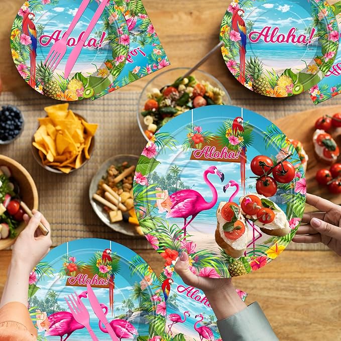 Flamingo Party Supplies 144 PCS, Tropical Hawaiian Luau Decorations Set, Aloha Paper Plates Cups Napkins Tableware for Birthday, Baby Shower, Garden & Beach Parties