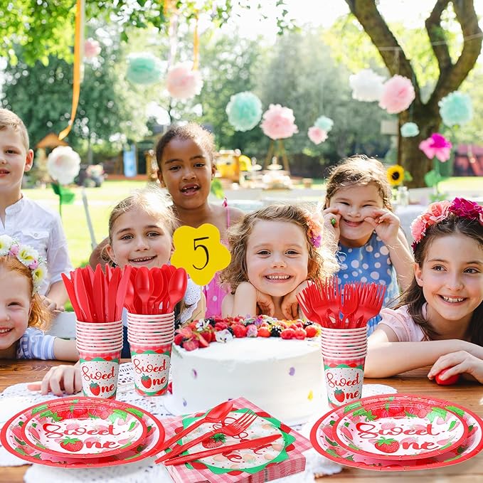 350 Pcs Strawberry Sweet One Party Supplies Tableware Set Disposable 9'' 7'' Paper Plates 9 oz Cups Cutlery Napkins Dinnerware Set for 1st Birthday, Serve 50 (Strawberry Sweet One, Red, Pink)
