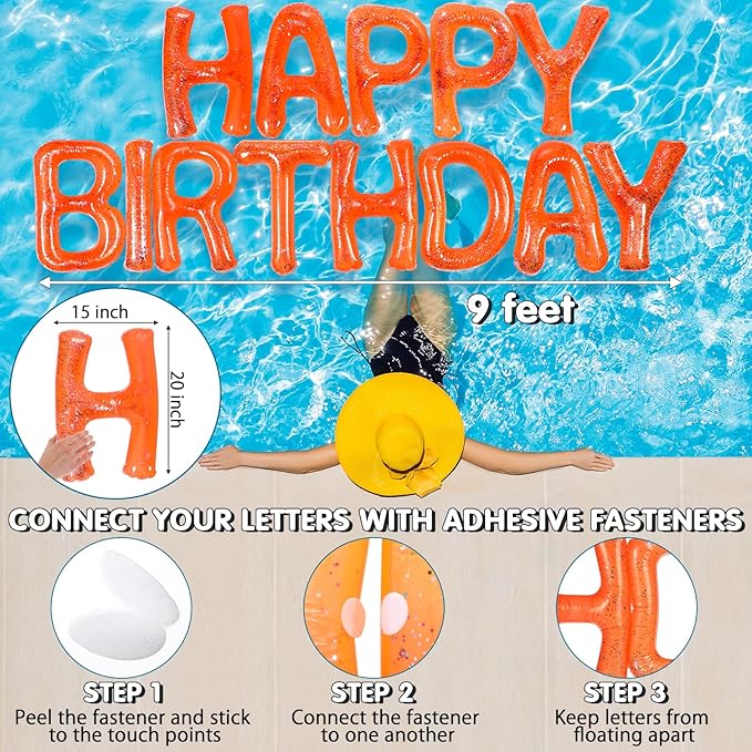 Shappy 20'' Happy Birthday Pool Large Floating Letter Balloons with Adhesive Dots Inflatable Pool Decorations for Summer Birthday Party
