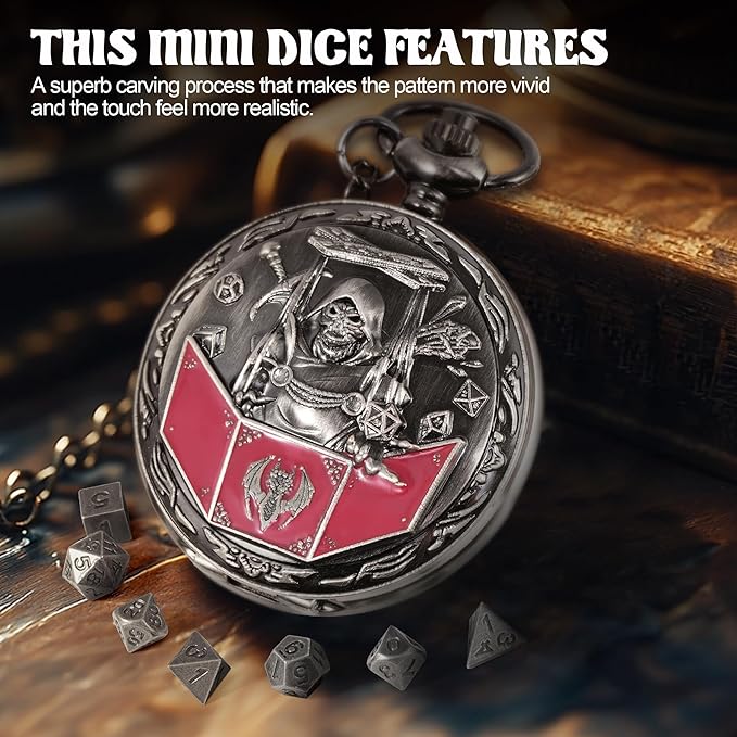 D&D Dice Set,7PCS Metal Dice for Dungeons and Dragons,Mini Dice Set with Pocket Watch Case,Role Playing Board Games Accessories (DM, Ancient Silver)