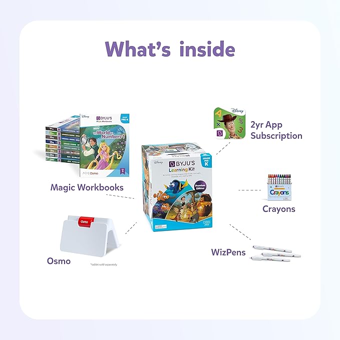 BYJU’S Learning Kit: Disney, Pre-K Premium Edition (App + 9 Workbooks) - Preschool, Ages 3-5, Featuring Disney & Pixar Characters- Learn Numbers, Letters, Shapes & Colors- Osmo Fire base included