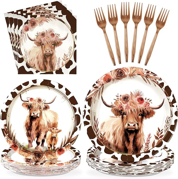 96Pcs Fall Highland Cow Party Supplies Brown Cow Plates and Napkins Tableware Set Disposable Floral Highland cow Party Decorations for Autumn Kid Birthday Baby Shower Western Farm Animal party Serve24