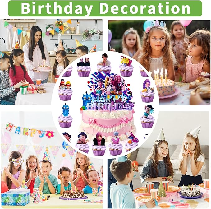 16Pcs Cute Anime Cake Decorations with 15pcs Cupcake Toppers, 1pcs Happy Birthday Cake Topper, Cartoon Themed Party Supplies, Perfect for Birthday Party Decorations
