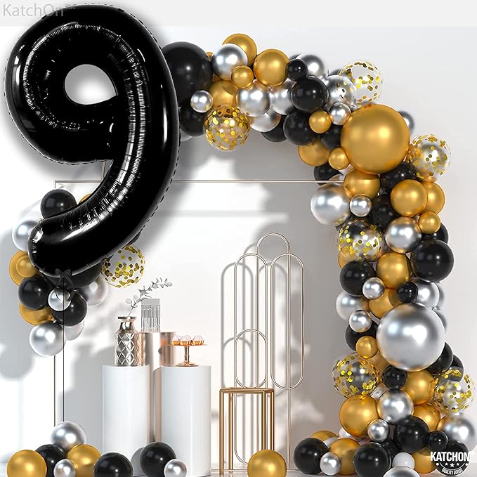 KatchOn, Giant Black Number 9 Balloon - 40 Inch | Foil 9 Birthday Balloon for 9th Birthday Decorations | 9th Anniversary Decoration | Black Party Decoration
