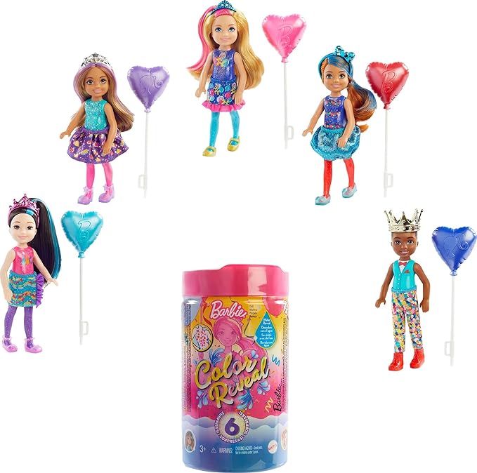 Barbie Chelsea Color Reveal Doll & Accessories, 6 Surprises Include Small Doll, Clothes & Color Change on Hair (Styles May Vary)
